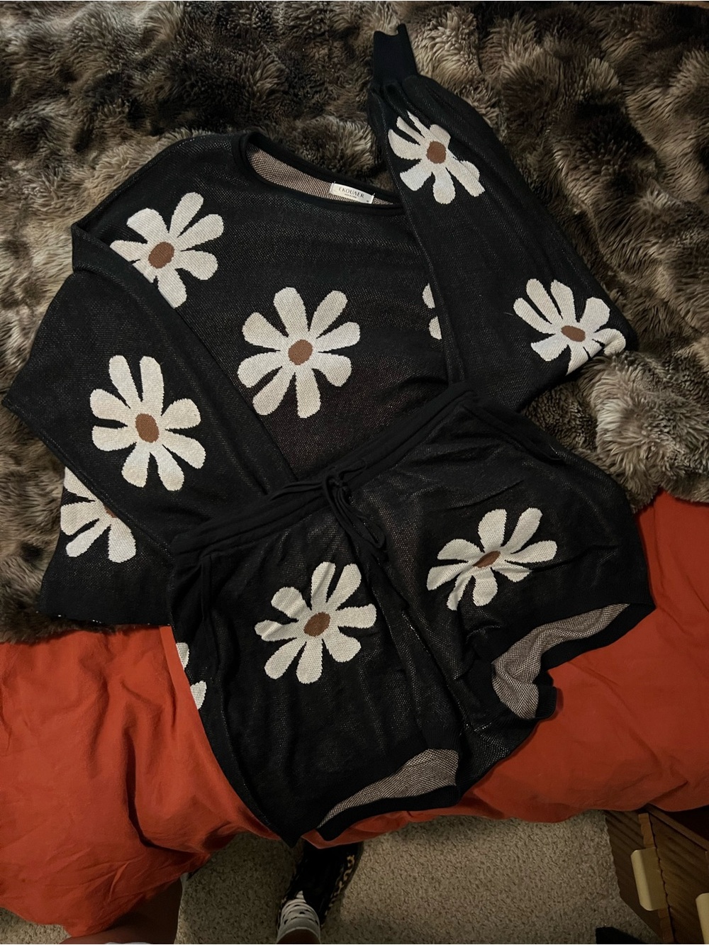 Black Daisy Knit Lounge Set with Cream Flowers